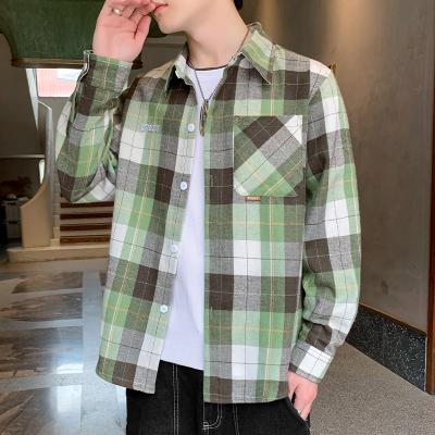 China Men's Casual Loose Cotton Blend Oversized Sleeve Button Lapel Plaid Long Check Stripe Print Pocket Flannel Collar Shirt Jacket for sale