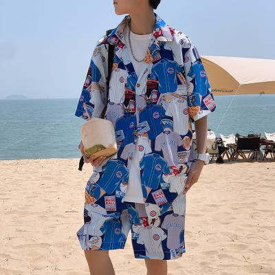 China Cotton 100% 2021 Summer Beach Style Loose Shirt Men's Hawaiian Casual Suit Men's Printed Short Sleeve Two Piece Suit for sale