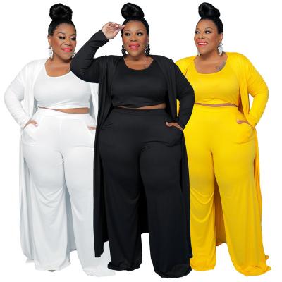 China 2022 Anti-wrinkle yard spring lounge wear tank tops and straight pants with cardigan for fat lady plus size three piece women dress sets for sale