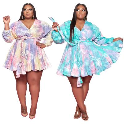 China New Yard Ladies Tie Dye V Neck Viable Trendy Sexy Sundresses Mini With Sash Party Plus Size Dress For Woman for sale