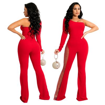 China Anti-wrinkle fashionable one piece red yard outfit for women reduce sexy shoulder mesh patchwork and club plus size jumpsuits with diamond for sale