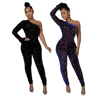 China Anti-wrinkle latest yard design spring plus size women s clothes sequin one shoulder sexy pants and club plus size jumpsuits playsuits for sale