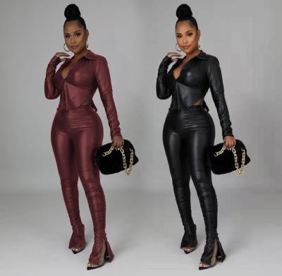 China New Design Anti-wrinkle Women Street Fashion Women PU Leather Winter Fitness Clothing Sets YD-X33239 for sale