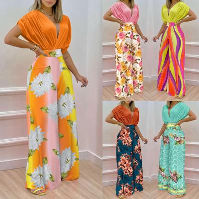 China YD-SH531 new style QUICK DRY high waist deep V-neck summer printing short sleeve women's pants two-piece set for sale