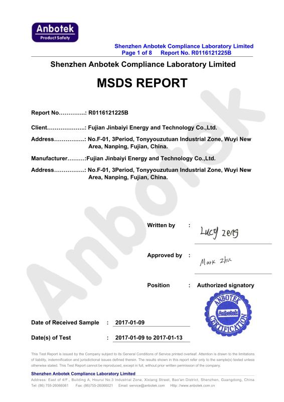 MSDS report for 18650 battery - FFRAN TECH CO., LIMITED