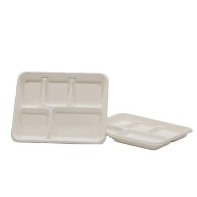 China Traditional Bagasse Meal Tray with 5 Compartments Oil and Water Proof Disposable Restaurant Food Grade Bagasse Meal Tray for sale