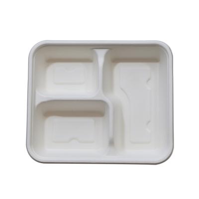 China 3 Compartment Traditional Food Trays Disposable Sugarcane Pulp Packaging Bagasse Pulp Tray Durable Degradability for sale