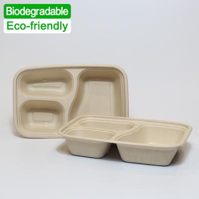 China Disposable 3 Compartment Sugar Cane Paper Plate Serving Tray Eco-friendly Biodegradable Food Packaging Box for sale