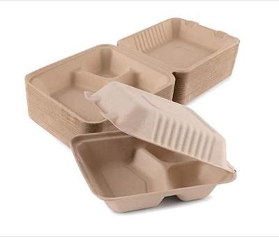 China 8 Inch 3 Compartment Traditional Clamshell Bagasse Pulp Containers Biodegradable Restaurants Leak Proof Food Container for sale