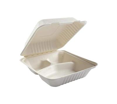 China Minimalist 9 Inch 3 Section Clamshell Bagasse Leak Proof Compostable Food Packaging Disposable Bagasse Pulp Take Out Hinged Food Container for sale