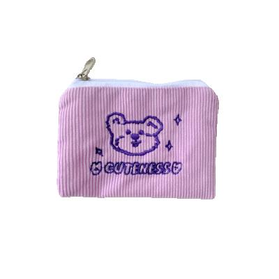 China New Corduroy Fabric Girls Cute Kids Children Cute Small Bear Embroidery Plush Striping Custom Zipper Wallet Bag Coin Purse Pouch for sale