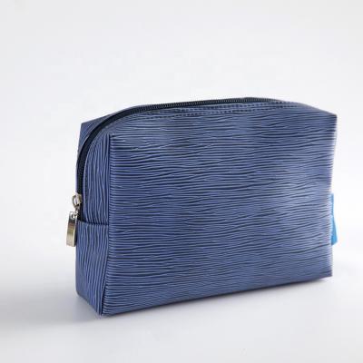 China Normcore/Minimalist BSCI Factory Logo Waterproof Custom Private Travel Striped PU Wash Kits Bag Pouch Blue Leather Men for sale