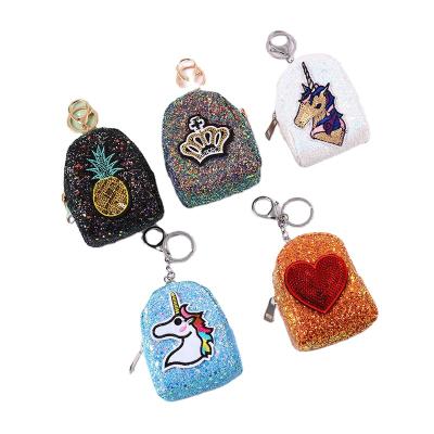 China Fashion Cute Wholesale Glitter Coin Purse Mini Wallet Glitter Shiny Key Chain Bags For Girls With Embroidery Patch for sale