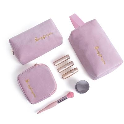 China Fashion BSCI factory plush bag set ladies embroidery logo travel velvet makeup pouch organizer bags eco-friendly Case 4 for sale