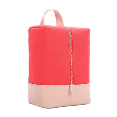 China Fashion Cotton Red Canvas Patchwork Makeup Bag Two Tone Zipper Cosmetic Case With Handle Gold Portable Travel Large Popular PU Leather for sale