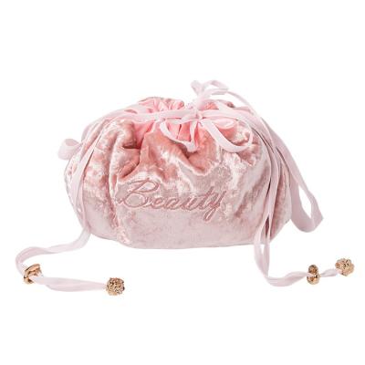 China Fashion New Arrival Women Velvet Luxury Drawstring Cosmetic Bag Travel Barrel Shaped Large Makeup Brushes Bag Cosmetic Pouch for sale