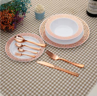 China Phnom Penh Disposable Plastic Disc 7.5 Inch Disposable Picosecond Plastic Western Tableware Cutlery Platter Dinner Party Gold Dish for sale