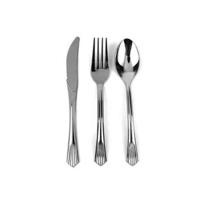 China Disposable High End Silver Plastic Spoon Knife Fork Cutlery Set Luxury Disposable Tableware Set Stainless Short Spoon Wholesale for sale