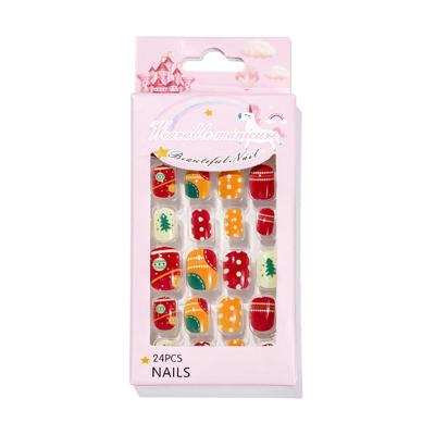 China Easy Apply Fake Nails For Kids Girls 24Pcs Kids Nails Cute Cartoon Tree Pre-Gum Girls Fake Nails Set For Kids Girls for sale