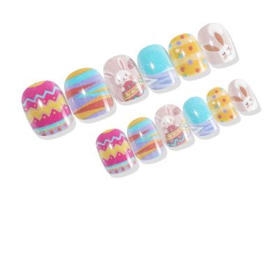 China Easy Apply Kids Fake Nail Tips Make Beauty 24 Pcs Wholesale Press On Nails Colorful Fake Nails Eggs Rabbits Kids Acrylic Nail Tips for sale