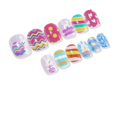 China Easy Apply Kids False Nail Tips Make Beauty 24 Pcs Kids Fake Nail Rabbits Eggs Wholesale Press On Colorful Nails Kids Artificial Nails for sale