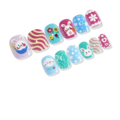 China Easy Apply Fake Nails Tips Wholesale Cute Kids Press On Nails Blue Pink Pre-Gummed Nail Tips Rabbits Stars Sheep Fake Nails For Kids for sale