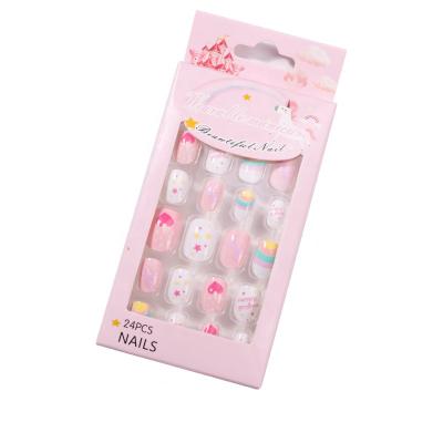 China Easy Apply Kids Nails Press On Kids 24Pcs Fake Nails Cute Cartoon Kids Artificial Nail Tips Pre-Gum Full Cover Kids Nails Press On for sale