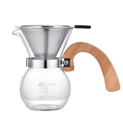 China Viable Pour Over Coffee Maker Serving Set With Reusable Stainless Steel Filter Wooden Handle 200ml Glass Dripper for sale