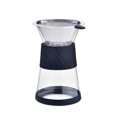 China Viable Pour Over Coffee Maker with Stainless Steel Cone Filter Glass Coffee Carafe with Silicone Protective Sleeve for sale