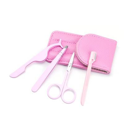 China Custom Eyebrow Logo Stainless Steel Eyebrow Tweezers Set In Tip Curved Brow Pointed And Slanted Scissors, Comes With Pink Travel Case for sale