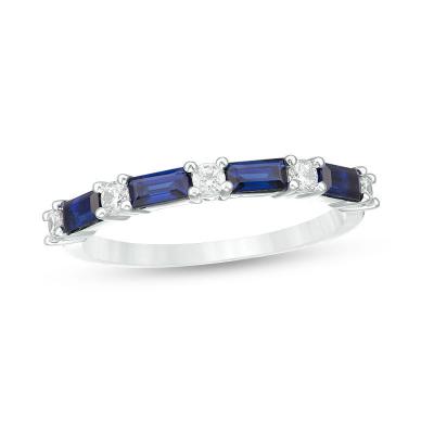 China 10K Sterling Silver Eternity Ring CLASSIC Engagement Baguette Cut Blue CZ Diamond Alternating Four Stone Half 925 White Gold for sale