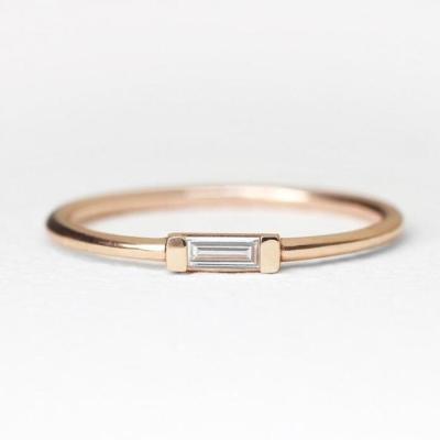 China CLASSIC Women's Rose Gold Plated 925 Sterling Silver Baguette Diamond Solitaire Engagement Promise Band Thin Wedding Ring for sale