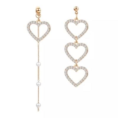 China Elegant Charming Korean Gold Plated 925 Sterling Silver Crystal Geometric Big 3 Long Heart Drop Dangle Earrings For Women Wedding Jewelry for sale