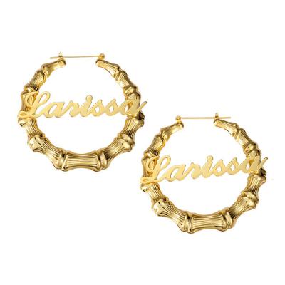 China Elegant Charm Personalized Name Initial Bamboo Earrings Custom Gold Plated 925 Sterling Silver Bulk Letter Bamboo Hoop Earrings For Women for sale