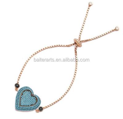 China CLASSIC Gold Plated 925 Sterling Silver Diamond CZ Pave Nano Bolo Charm Turquoise Heart Adjustable Bracelet for sale