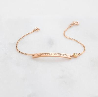 China Coordinates Nickel Free Jewelry Custom Engrave Bar Bracelet Personalized Rose Gold Plated Bracelet 925 Sterling Silver Jewelry for sale