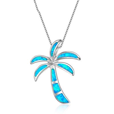 China 925 Sterling Silver Synthetic Blue Fire Opal Hawaiian Style Coconut Palm Pendant Necklace for sale