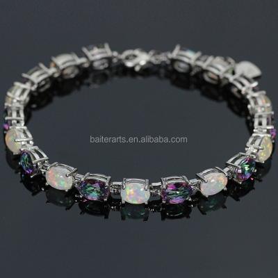 China Fashion White Gold Plated Oval Cut White Opal Tennis Bracelet Wholesale 925 Sterling Silver Mystic Rainbow Topaz CZ Zirconia Fire for sale