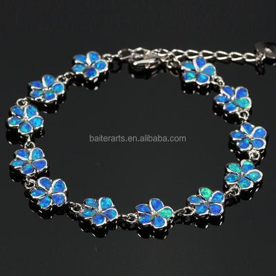 China Wholesale Brilliant Opal Inlay Plumeria Flower Fashion Fire Bracelet 925 Sterling Silver Man Made Blue for sale