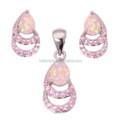 China CLASSIC Ladies Pear Shape Opal Pave Setting Pink Cubic Zirconia CZ Silver Necklace Earrings 2pcs Jewelry Set for sale