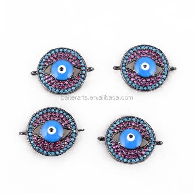 China Jewelry 925 Sterling Silver D.C.A. Turkish Zircon CZ Pave Blue Enamel Round Evil Eye Connector Charms For DIY Jewelry for sale