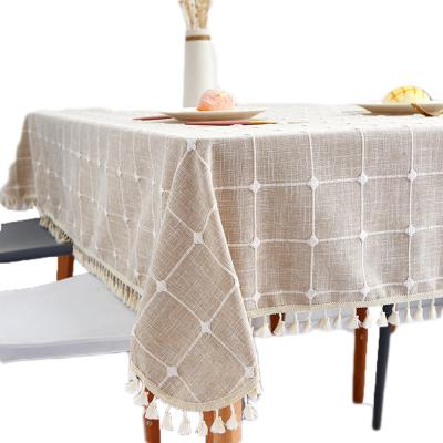 China Oilproof Amazon Warm Cotton Linen Lattice Tassel Rectangular Solid Color Tablecloth for sale