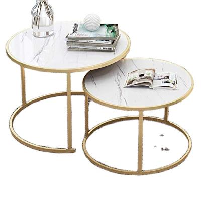 China (Other) Simple Wrought Golen Tea Round Sofa Side Table Adjustable Modern Marbling Steel Coffee Table for sale