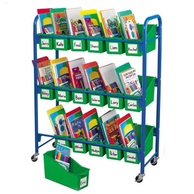 China Rolling Sustainable Wholesale Classroom Trolley 3 Tire Mobile Storage Cart Organization Station with 18 Book Durable Plastic Connecting Bins for sale