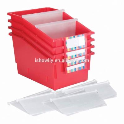 China Who respects the environment; Red Factory Outlet Small Book Library Popular Plastic Branded Chapter Plastic Branded Organizing Bins With Dividers Prefect Magazine Storage Boxes Folder Tubs for sale