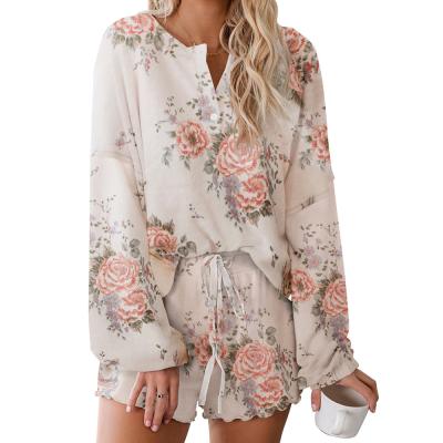 China Wholesale Breathable Women Ladies Knit Sleepwear Long Sleeve Shorts Casual Floral Print 2 Piece Pajamas Set for sale