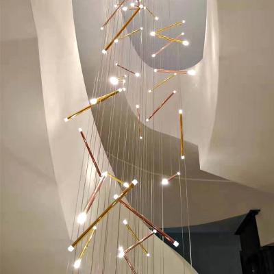 China Modern Factory Customized Modern Staircase Chandelier Hanging Long Led Copper Tube Glass Pendant Light for sale