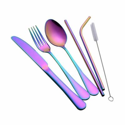 China Sustainable Reusable Cutlery Stainless Steel and Metal Straw Camping Travel Cutlery Set Office Utensil with Case for sale