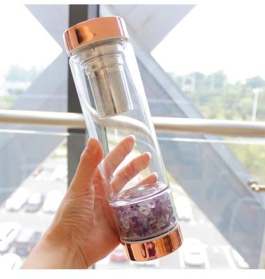 China Sustainable Stainless Steel Natural Lid Glass Water Bottle With Crystal Stone 2020 for sale