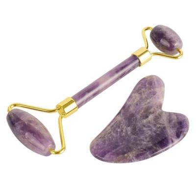 China Hot Natural Amethyst Crystal Jade Facial Amazon Sale Massage Roller Gua Sha Set For Healing for sale